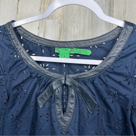 TIBI Navy Blue Eyelet Blouse Size 4 Leather Trim Neck Bow Details - Picture 6 of 12
